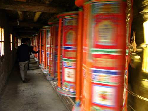 Prayer wheels in Arou Buddhist Temple in Arou, Qinghai Province, China