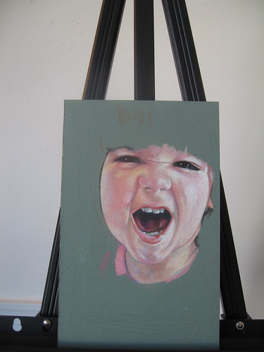 in progress photo of colored pencil portrait entitled Rawr!