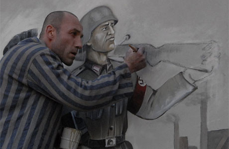 Los Falsificadores, Film, protagonista pinta mural en campo de concentración