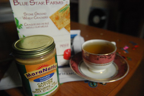 Crackers with cashew butter and lavender tea