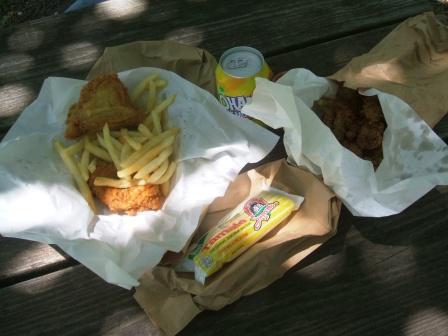 Lunch: 3-pc chicken, livers, fries, lemonade