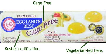 Labels on egg carton - including cage free, vegetarian, and kosher