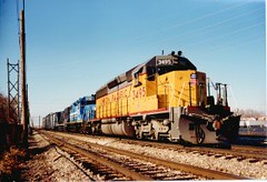 Southbound Union Pacific freight train. Alsip Illinois. November 1989.