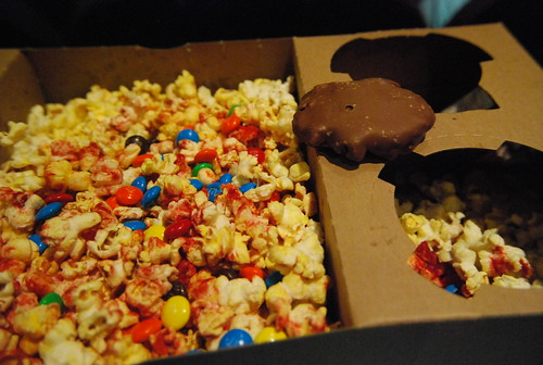 Popcorn with ketchup seasoning and M&Ms; sponge toffee mogul at Burn After Reading
