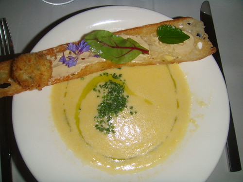 Summer corn chowder with dungeness crab and foie gras toast