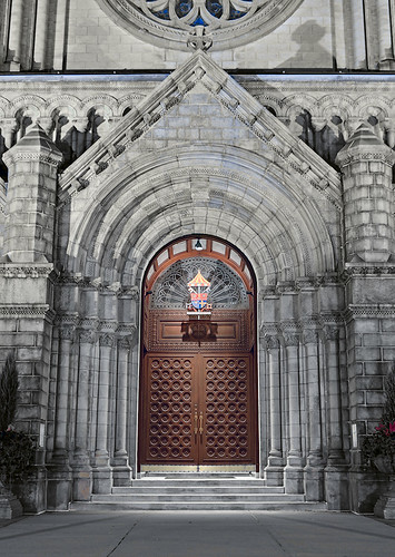 Cathedral Basilica of Saint Louis, in Saint Louis, Missouri, USA - main door at night