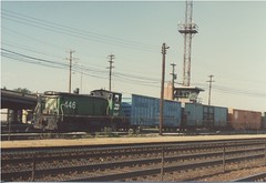 Morning switching activity at the Burlington Northern RR Clyde Yard. Cicero Illinois. June 1985.