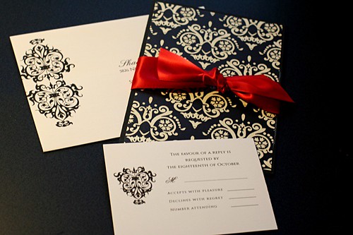Black and Red Damask Wedding Invitation Set