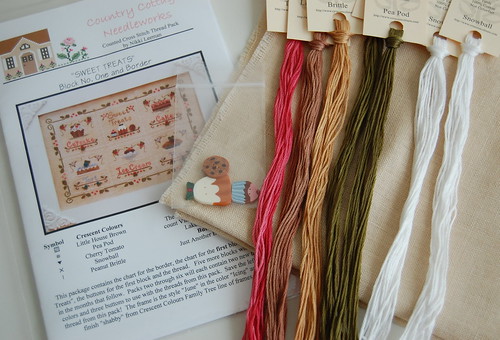 Country Cottage Needleworks "Sweet Treats" With my own coffee-dyed linen.