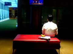 Being late for The Swordfish, Then The Concubine = Front row seats for telly in Drama Centre foyer
