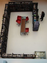 looking down on the new books area from the staff floor