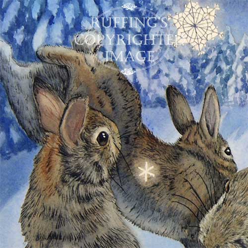 "The Rabbit Dances" ER20 by Elizabeth Ruffing Watercolor Print of Rabbits in Snow