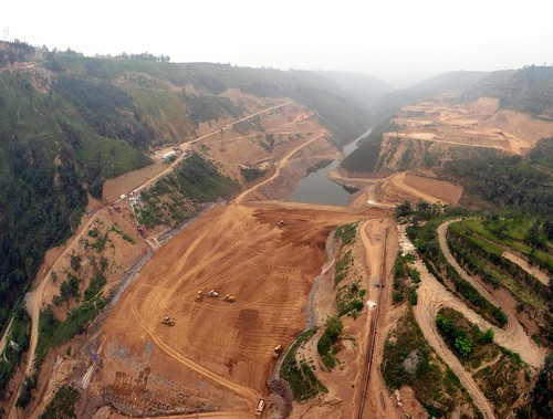 New earth dam being constructed near Yongshou, Shaanxi Province, China