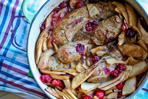 Stout-Braised Sausages with Apples, Pears & Cranberries