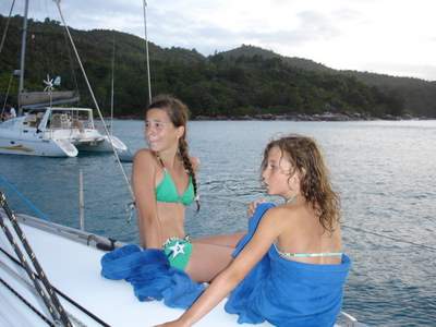 the girls on our boat, off the coast of Praslin island, Seychelles