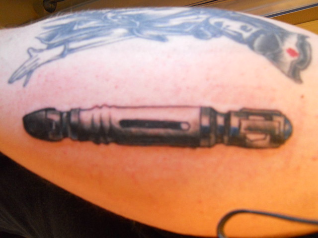 A tattoo of Dr. Who's Sonic Screwdriver. Artist: Byron Rush.