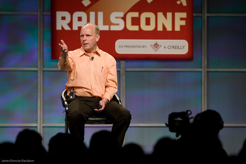 Kent Beck of Three Rivers Institute on the RailsConf 2008 stage.