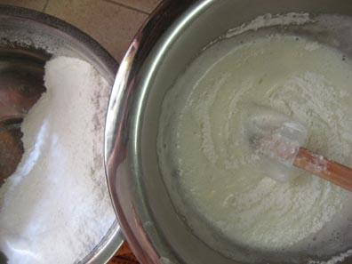 Mixing in the sugar, salt, and flour