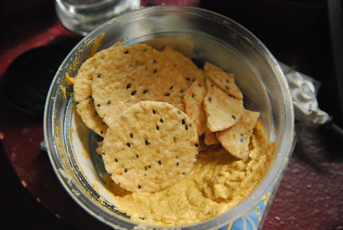 Lentil dip and rice crackers