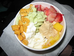 Pinkberry: Swirl frozen yogurt (plain, green tea, coffee) with mango, strawberry and captain crunch (inside)
