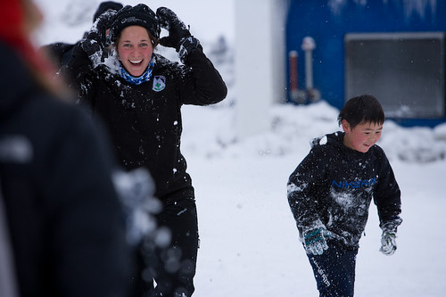 Emily Venables mid-snowfight at the Uummannaq Children's Home