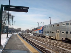 Westbound Metra commuter local arriving in Elmwood Park Illinois. Early Febuary 2008.