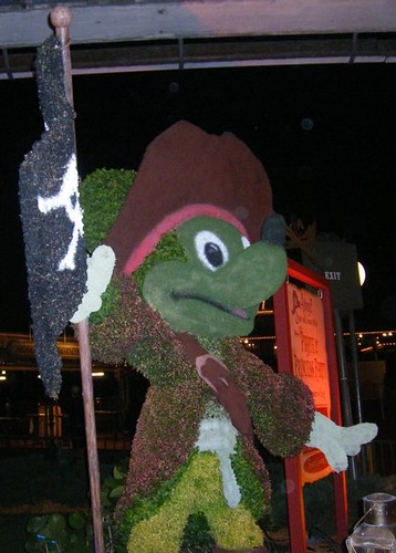 Topiary Pirate Mickey at the entrance to the Magic Kingdom