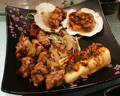 Chicken set main items - scallops, vegetables, tofu steak, grilled chicken cubes