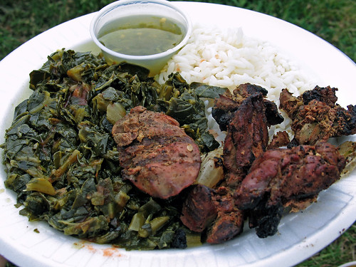 Grilled Chicken 
Livers with Pepper Jelly Sauce, Collard Greens and Rice