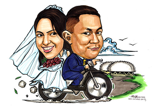 couple caricatures wedding on bike