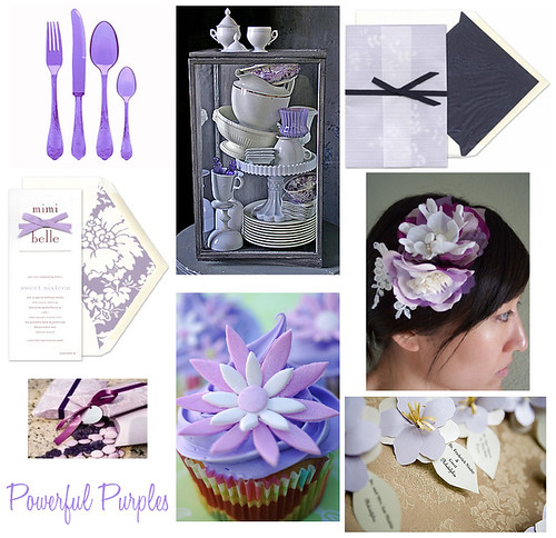  Clockwise from top left purple plastic cutlery purple and white glass 