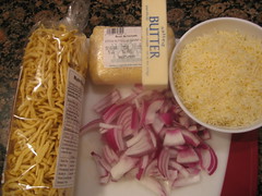 Noodles, Soft Cheese, Butter, Onions, Paramesan cheese