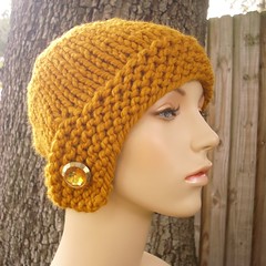 Chunky Cloche Hat in Butterscotch with Vintage Button