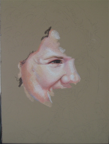 In progress photo of colored pencil portrait entitled Jan.