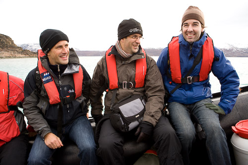 Joe Smith, Marcus Brigstocke and David Noble boarding the Grigory Mikheev in Kangerlussuaq