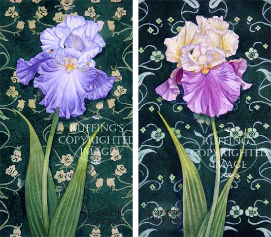 ER3132 "Lavender-blue and Cream and Purple Iris on Green" Print Set of 2 by Elizabeth Ruffin
