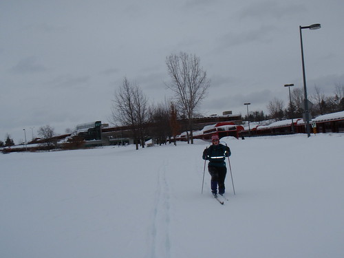 Becky sinking knee deep while skiing near Lincoln Fields