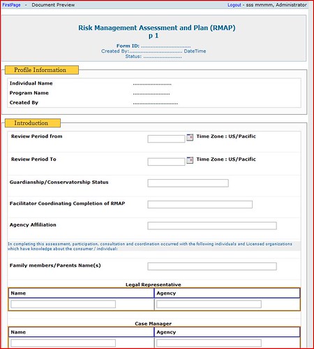 Screenshot of Risk Management Assessment and Plan Page