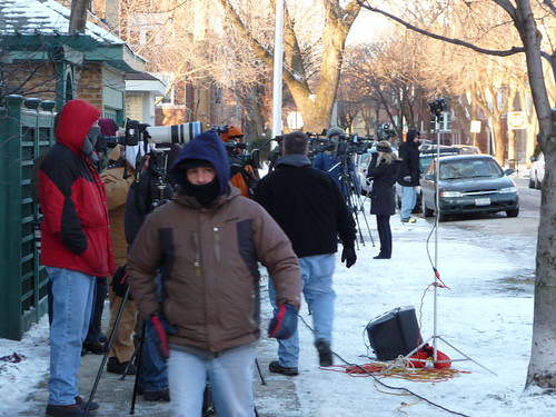 blagojevich house. Press standing on the sidewalk across the street from Blagojevich#39;s house