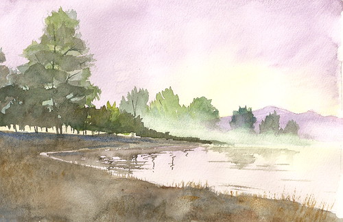 Watercolor Landscape - Foggy Lake 2