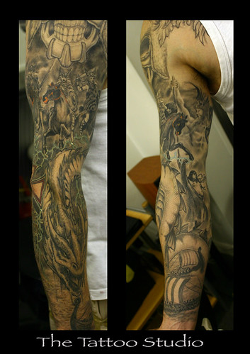 sleeve tattoo photos.  Gods, Godesses, Serphants, Valkyries and Vikings Sleeve Tattoo 