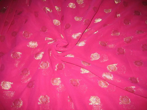 Polyester georgette fabric with metalic silver & gold jacquard~Hot Pink