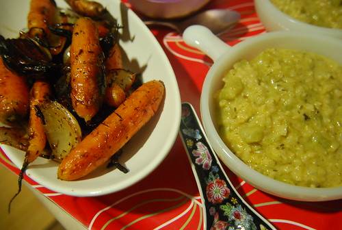 Roasted root veg and broccoli risotto with smoked cheddar