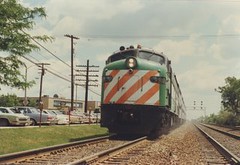 Westbound Burlington Northern commuter train. La Grange Illinois. june 1985.