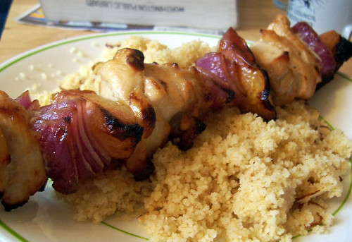 Peach, Chicken, and Red Onion Skewers