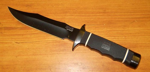 SOG TECH Bowie Fixed Knife with Black Plain Blade and Kraton Rubber Handle