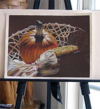 In progress photo of colored pencil drawing entitled Autumn Still Life