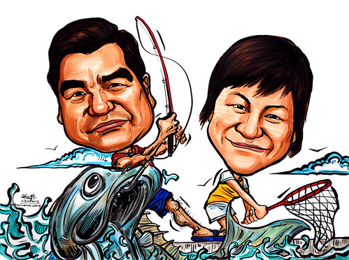 Couple caricatures fishing