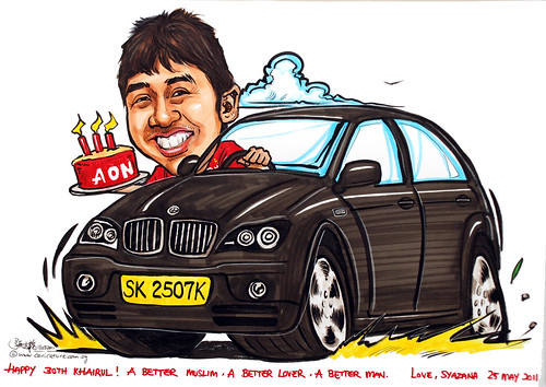 birthday boy caricature in BMW