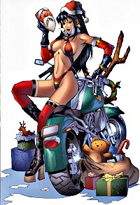 Vampirella sitting on motorcycle for Christmas
